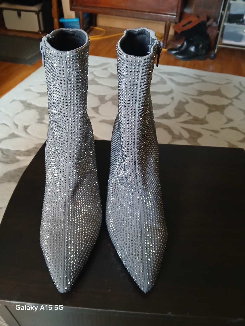 Silver Rhinestone Pointed-Toe Ankle Boots - Sparkle Heeled Booties